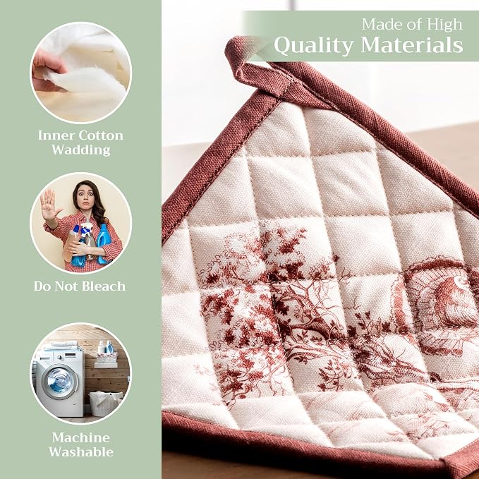 Maison d' Hermine Pot Holders 100% Cotton Potholders (8" x 8", Pack of 2) | Heat Resistant Hot Pads with Loop BBQ Cooking Baking Kitchen Handling Hot Pans Thanksgiving Christmas - Holy Jouy - Brown