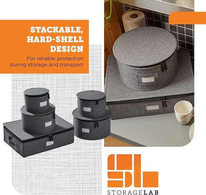 storageLAB 5-Piece Premium China Storage Set | Plates & Mugs | Gray | Full china set for 12 - 4 plate cases + mug case, flip-top lid. Hard shell, felt dividers, stackable, easy access.