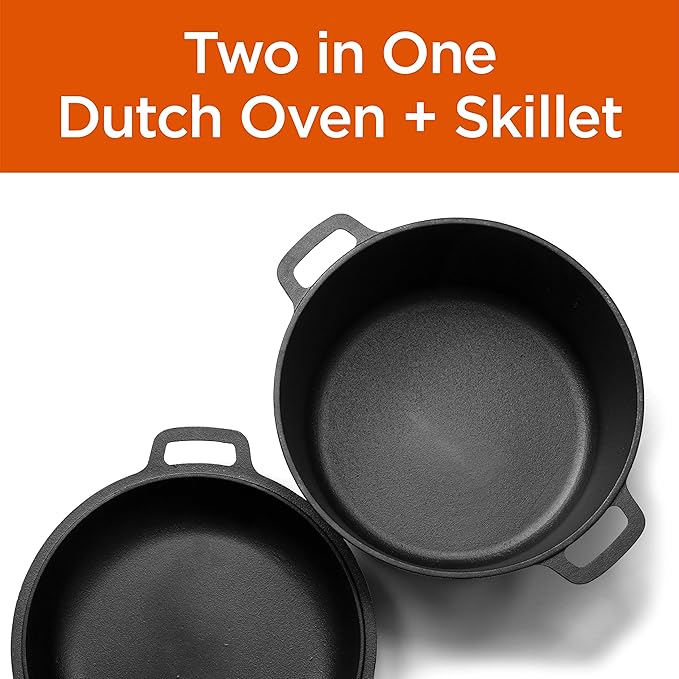 Commercial Chef 2-in-1 5-Qt. Dutch Oven, 10.25-Inch Skillet Lid, CHFL508 | Pre-Seasoned Cast Iron, Works on All Cooktops Including Induction, Outdoor Cookware for Campfires or Grills