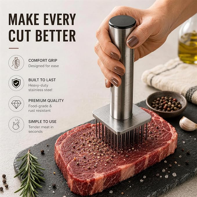 304 Stainless Steel Meat Tenderizer with 18 Sharp Needles - Ideal for Tenderizing & Pounding Steak, Beef, Pork, Chicken