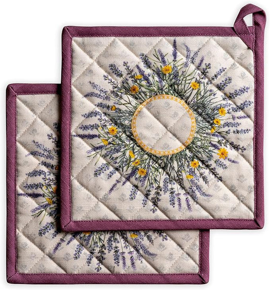 Maison d' Hermine Pot Holders 100% Cotton Potholders (8" x 8", Pack of 2) | Heat Resistant Hot Pads with Loop BBQ Cooking Baking Farmhouse Kitchen Handling Hot Pans Spring Summer - Fanny Lavender