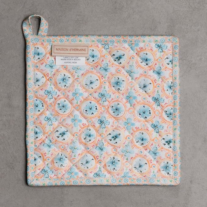 Maison d' Hermine Pot Holders 100% Cotton Potholders (8" x 8", Pack of 1) | Heat Resistant Hot Pads with Loop BBQ Cooking Baking Farmhouse Kitchen Handling Hot Pans Spring Summer - Summer Whisper