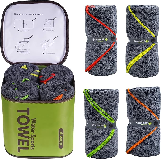 4Monster 4-Pack Quick Dry Microfiber Travel Towels – Super Absorbent, Ultra-Soft Camping Towel Set with Water-Resistant Bag, Lightweight & Compact for RV, Gym, Beach, Pool, Swimming, and Family Trips