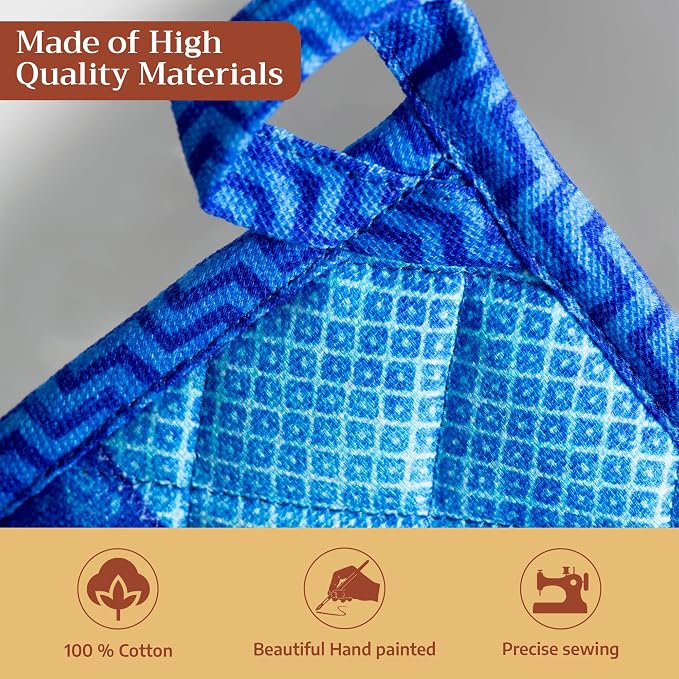 Maison d' Hermine Pot Holders 100% Cotton Potholders (8" x 8", Pack of 1) | Heat Resistant Hot Pads with Loop BBQ Cooking Baking Farmhouse Kitchen Handling Hot Pans Spring Summer - Indigo Love