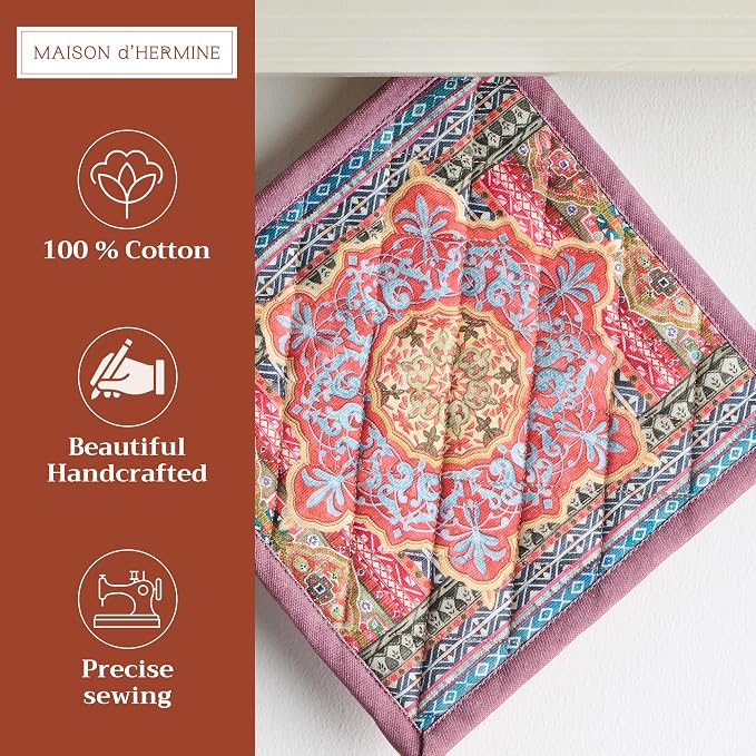 Maison d' Hermine Pot Holders 100% Cotton Potholders (8" x 8", Pack of 2) | Heat Resistant Hot Pads with Loop BBQ Cooking Baking Hotel Kitchen Handling Hot Pans Thanksgiving Christmas - Ispahan