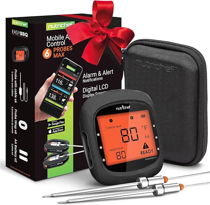 NutriChef Smart Bluetooth BBQ Thermometer with Travel Zip Case, Upgraded Stainless w/ 2 Temperature Probes, LCD Display, Done Alarm Android iPhone, Gas Charcoal BBQ Smoker Temp Monitoring