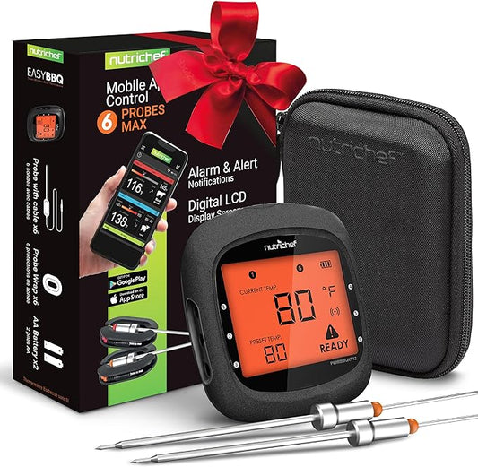 NutriChef Smart Bluetooth BBQ Thermometer with Travel Zip Case, Upgraded Stainless w/ 2 Temperature Probes, LCD Display, Done Alarm Android iPhone, Gas Charcoal BBQ Smoker Temp Monitoring