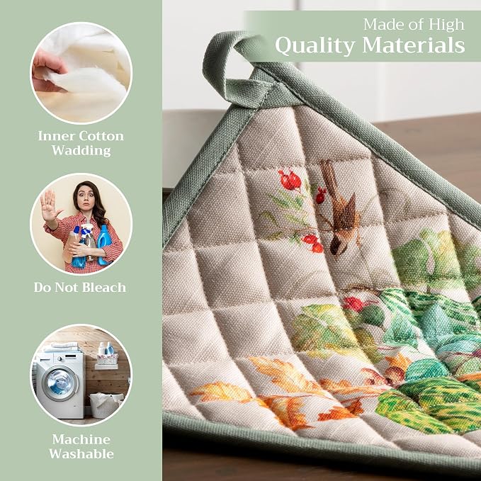Maison d' Hermine Pot Holders 100% Cotton Potholders (8" x 8", Pack of 2) | Heat Resistant Hot Pads with Loop BBQ Cooking Baking Hotel Kitchen Handling Hot Pans Thanksgiving Christmas - Lumina