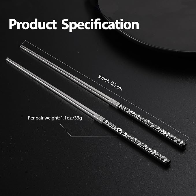 Hagary Panda Black Chopsticks Metal Chopsticks Reusable Designed In Korea Japanese Style Stainless Steel 316 18/10 Non-Slip Dishwasher Safe (Black - 2 Pairs)