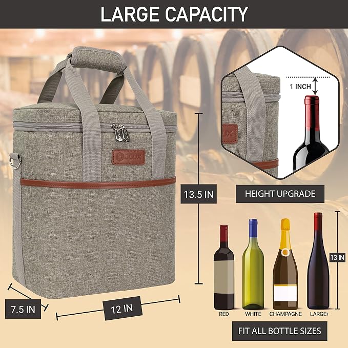 opux 6 Bottle Carrier Tote | Insulated Padded Wine Cooler Bag for Travel. Picnic, BYOB | Portable Leakproof Wine Tote Bag for Dinner, Party, Christmas, Wine Gift for Women, Men (Heather Taupe)