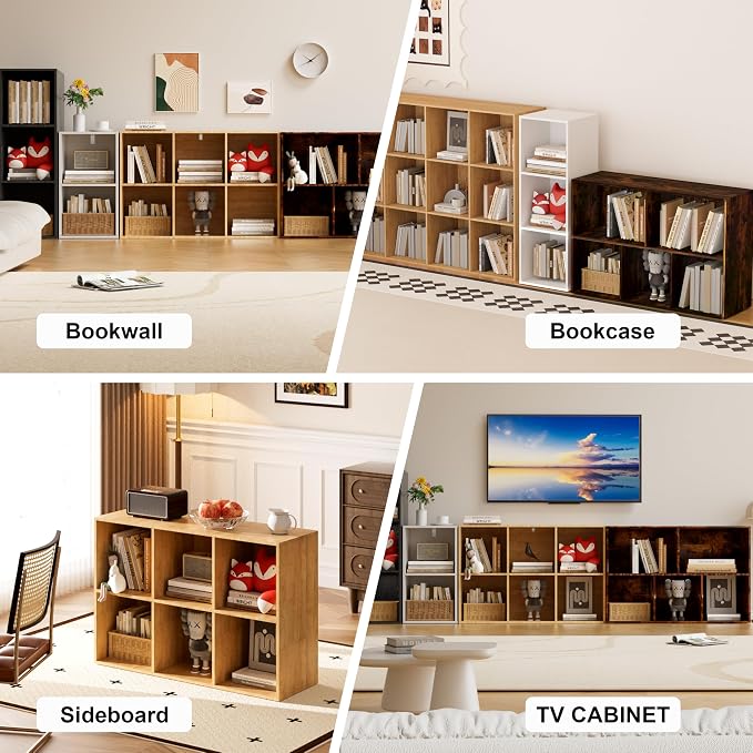 Book Shelf, Wooden Cube Storage Organizer with 11" Open Cubes, Stackable Modular Bookcase for Room Divider Storage, 2 Tier Bookshelf for Living Room, Bedroom, Office (Black, 6-Cube)