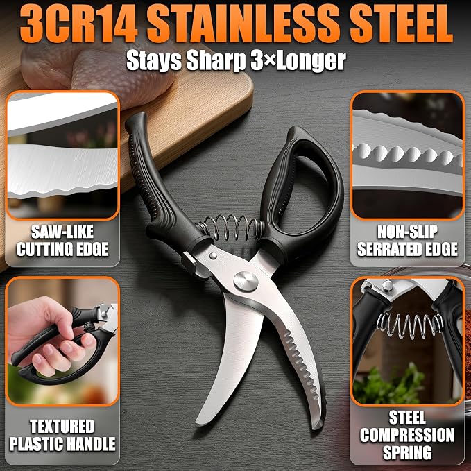 Poultry Shears Heavy Duty, Stainless Steel, 9.4 In, Safety Lock | Spring Loaded Bone Cutting Scissors with Serrated Edge that Grips Joints; Turkey, Poultry & Chicken Shears for Spatchcock
