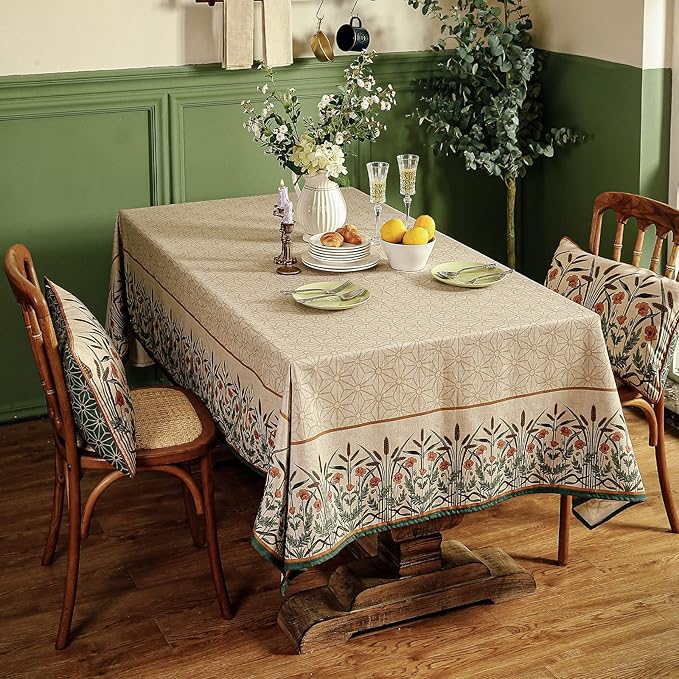 patdrea Designer French Light Brown Long Rectangle Table Cloth,Linen Floral Durable Breathable Tablecloth,Decorative for Kitchen Dining,Parties,Tea Party,Christmas,Thanksgiving,63"x102"-Cudillero