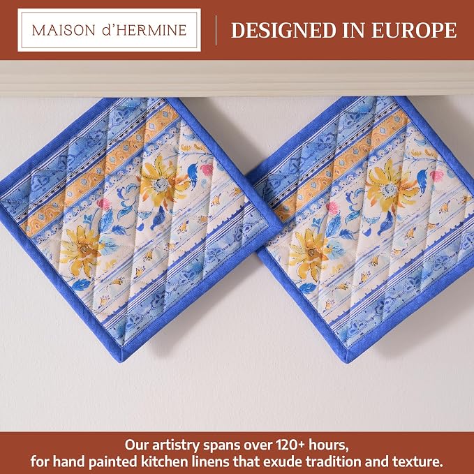 Maison d' Hermine Pot Holders 100% Cotton Potholders (8" x 8", Pack of 2) | Heat Resistant Hot Pads with Loop BBQ Cooking Baking Farmhouse Kitchen Handling Hot Pans Spring Summer - Girassol