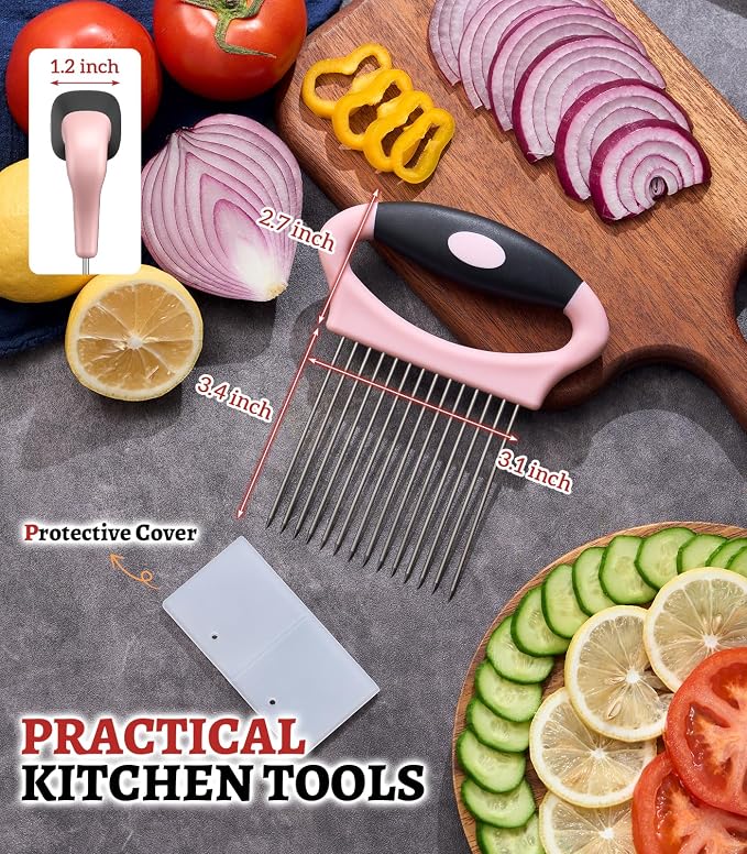 Large Onion Slicer Holder, Stainless Steel Onion Holder for Slicing, Onion Cutter Vegetable Chopper with 14 Sharp Needles for Slicing of Tomato Avocados & Meat Tenderizer, Kitchen Gadgets for Cooking