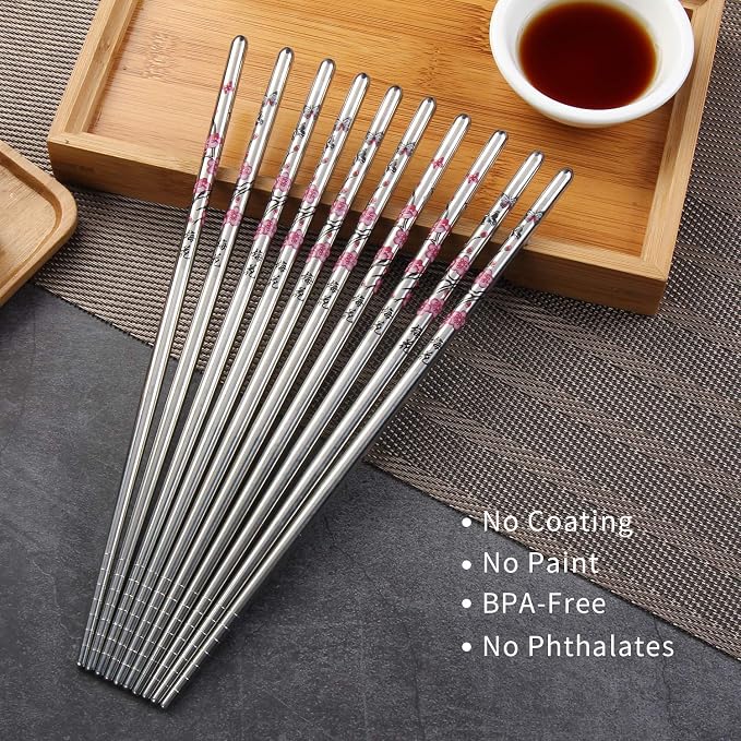 Stainless Steel Chopsticks, Metal Chopsticks, Reusable Non-slip Design Chop Sticks, 5 Pairs Gift Set,Plum Pattern Design