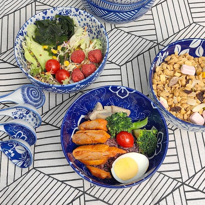28Oz Ceramic Ramen Noodle Pho Bowl Set with Chopstick&Spoon&Gift box | Lead & Cd Free, Food Safe, Microwave/Oven/Dishwasher Safe, Matching pattern set, foam packed, ideal all-occasion gift