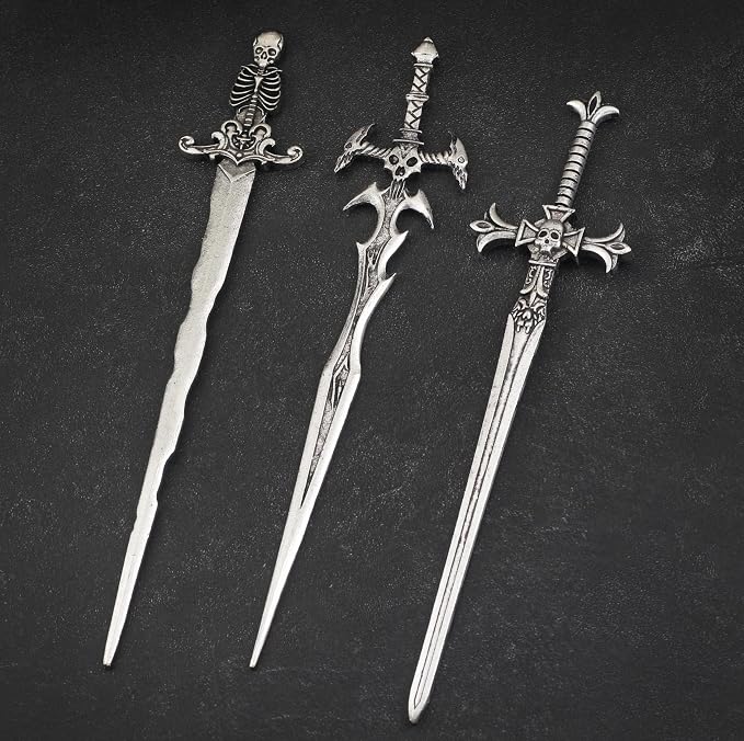 3PCS Skull Sword Hair Pins for Women, Metal Hair Sticks Set, Gothic Hair Accessories, Fantasy Decorative Hair Pins, Medieval Hair Stick Set for Bun Updo Long Thick Hair