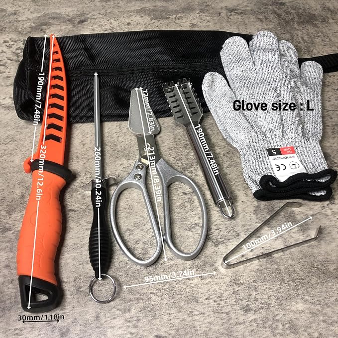 Fishing Knife Set, Fish Cleaning Kit, Filet Knife for Fish, Fish Scale Cleaning Brush, Multi-Functional Scissors, Gloves, Fishbone Tweezers, Storage Bag,Fishing Accessories,Fishing Tool Kit