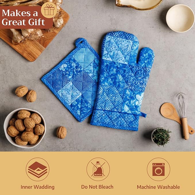 Maison d'Hermine Oven Gloves 100% Cotton Oven Mitt (7" x 13", Pack of 1) | With Loop Heat Resistant BBQ Cooking Gloves Baking Grilling Kitchen Handling Hot Pans Spring Summer - Indigo Love