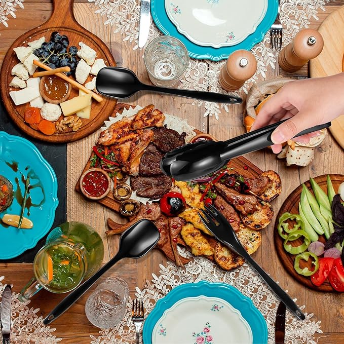 20Pcs Disposable Plastic Serving Utensils for Parties, Buffet Serving Utensils Set-8 Black Plastic Serving Spoons, 4 Tongs and 8 Forks for Catering, Entertaining and Parties