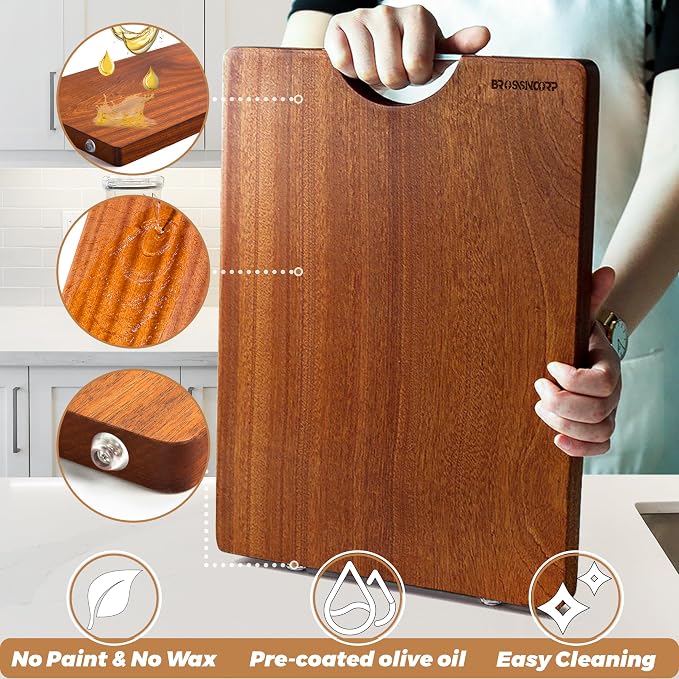 Brosisincorp Sapele Wood Cutting Board One Piece No Glue 17.71"L*11.81"W | Real Solid Whole Single Hardwood, Pre-Oiled Non Toxic No Joint, Reversible Heavy Duty Thick, Edge Grain Without Juice Grooves