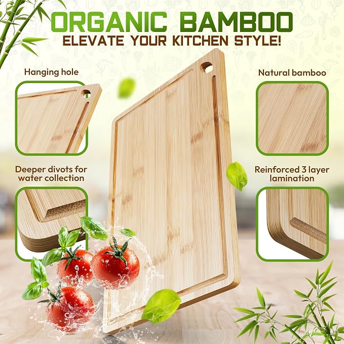 Bamboo Cutting Board Set of 3 (15x10, 12x9, 9x6) – Extra-Thick, Deep Juice Groove Wood Cutting Boards – Knife-Friendly for Kitchen Prep, Carving & Charcuterie – Easy to Clean