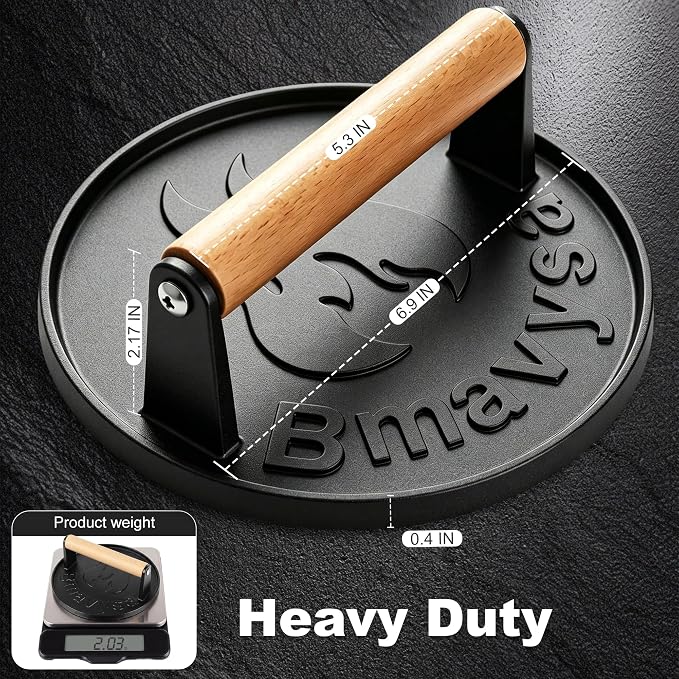 Heavy Duty Cast Iron Smash Burger Grill Press with Wooden Handle | Non-stick & Rust Resistant, Ideal Burger Smasher for Hamburgers, Bacon, Steak, Sandwiches and Beef on Grill & Griddle