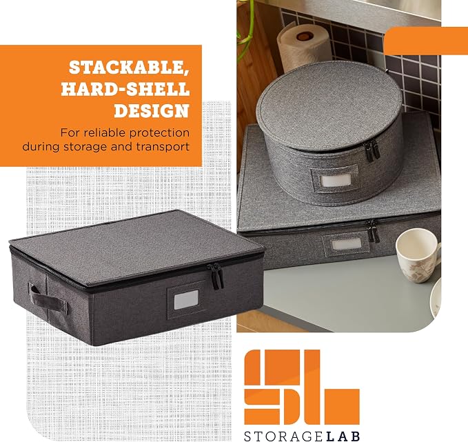storageLAB Cup & Mug Storage Case | Hard Shell Felt Dividers | Gray | Hard shell case holds 12 cups or mugs in 4x4 felt compartments. Stackable, top-load, dual handles. Also fits wine glasses.
