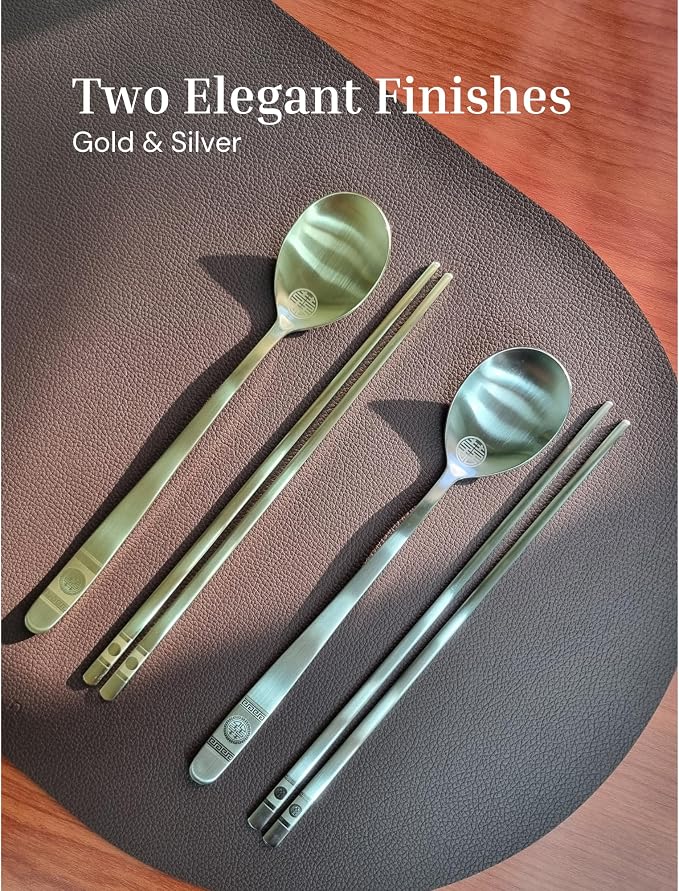 ONGI Korean Spoon and Chopstick 2 Set – Premium 18/10 Stainless Steel – Double Happiness Design – Gift-Ready – Made in Korea – Dishwasher Safe (Hee Pattern Silver 2 Set)