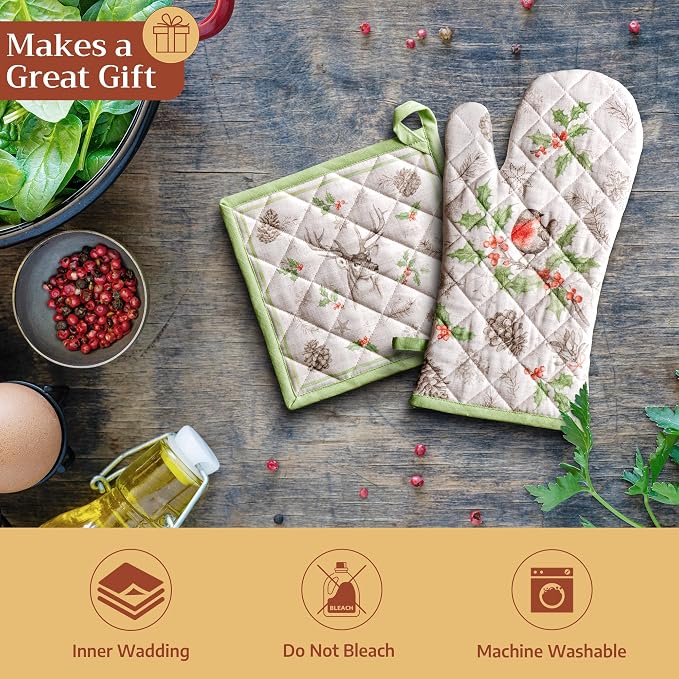 Maison d' Hermine Pot Holders 100% Cotton Potholders (8" x 8", Pack of 2) | Heat Resistant Hot Pads with Loop BBQ Cooking Baking Hotel Kitchen Handling Hot Pans Thanksgiving Christmas - Christmas Dew
