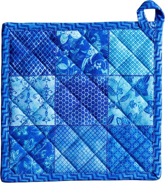 Maison d' Hermine Pot Holders 100% Cotton Potholders (8" x 8", Pack of 1) | Heat Resistant Hot Pads with Loop BBQ Cooking Baking Farmhouse Kitchen Handling Hot Pans Spring Summer - Indigo Love