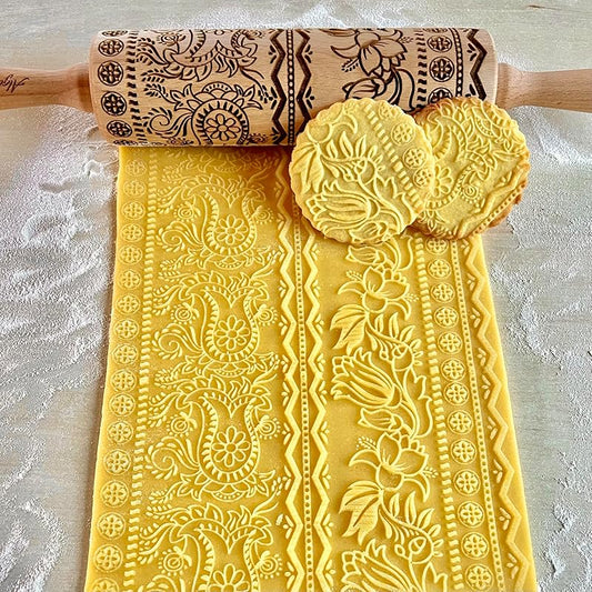 ECHO Embossing Rolling Pin with Ornamental Bloom Pattern – Dough and Clay Roller for Embossed Cookies and Pottery - Cookie and Ceramic Stamp - Baking Gifts for Women by Algis Crafts