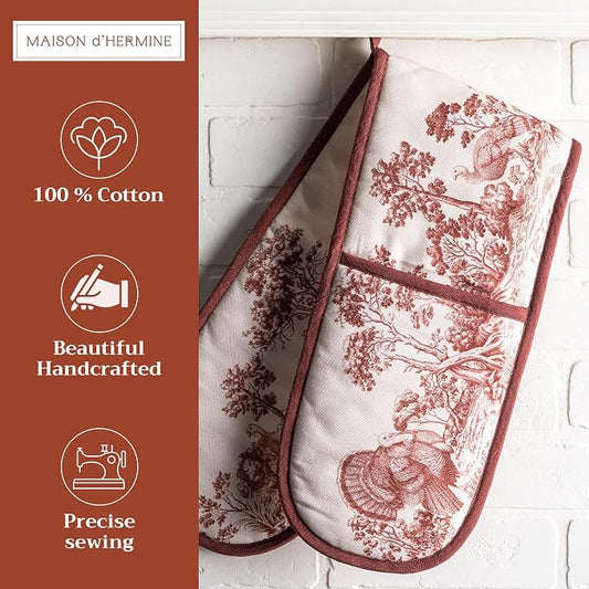 Maison d' Hermine Double Oven Mitts 100% Cotton Double Oven Glove (7"x35") | Heat Resistant BBQ Cooking Gloves with Loop Baking Kitchen Home Hotel Farmhouse Thanksgiving Christmas - Holy Jouy - Brown