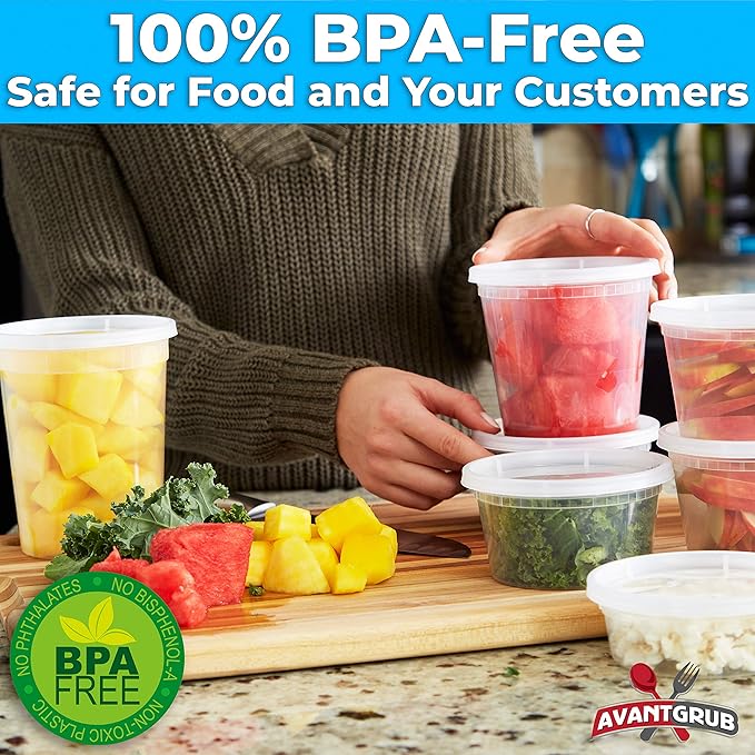 Deli Grade BPA-Free 16oz Plastic Containers with Lids 48ct. Leakproof Microwavable Portion Container for To-Go Orders, Food Prep and Storage. Reusable Takeout Cups for Restaurant, Cafe and Catering.