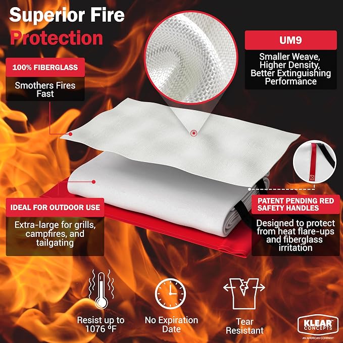 Emergency Fire Blanket, XL 60"x70" UM9 Fiberglass, Rated to 1076°F, Smothers BBQ, Grill, Campfire Fires, National Park Foundation Partner, Designed in USA