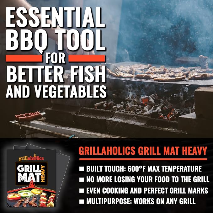 Grillaholics High-Temp Nonstick Grill Mats for Outdoor Grill - Set of 2 | Rated to 600ºF | Perfect for Searing | Reusable | Dishwasher Safe