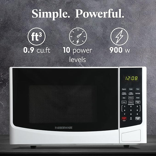 Farberware 0.9 Cu. Ft. Countertop Microwave Oven – 900W Power, Auto Cook Settings, Defrost, and Safety Lock – White