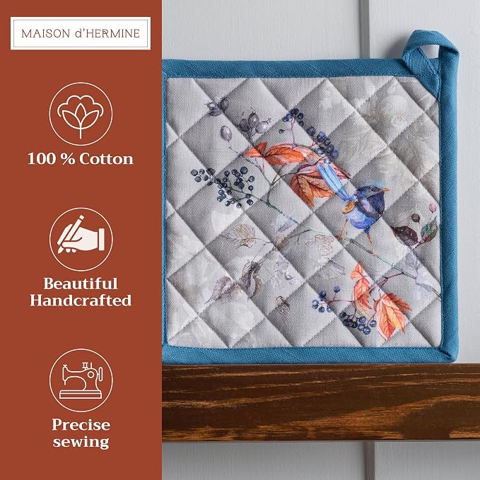 Maison d' Hermine Pot Holders 100% Cotton Potholders (8" x 8", Pack of 2) | Heat Resistant Hot Pads with Loop BBQ Cooking Baking Hotel Kitchen Handling Hot Pans Thanksgiving Christmas - Equinoxe - Grey