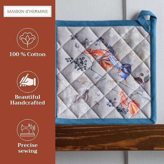 Maison d' Hermine Pot Holders 100% Cotton Potholders (8" x 8", Pack of 2) | Heat Resistant Hot Pads with Loop BBQ Cooking Baking Hotel Kitchen Handling Hot Pans Thanksgiving Christmas - Equinoxe - Grey