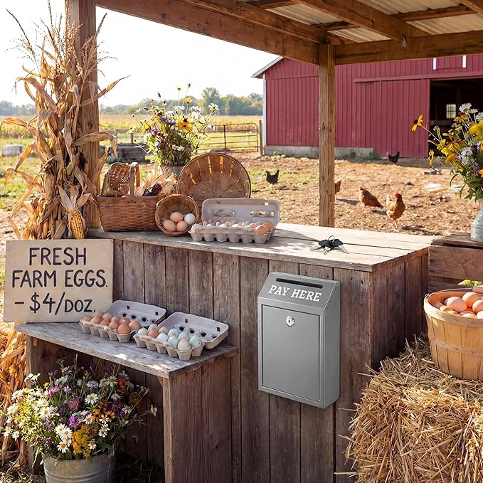 Yaocom Safe Metal Cash Box for Farm Stand – Money Drop and Secure Donation Collection, Wall Mount Lockable Unit with Pre Drilled Holes for Outdoor Self Serve(Grey,10.2 x 5.7 x 2.8 Inch)