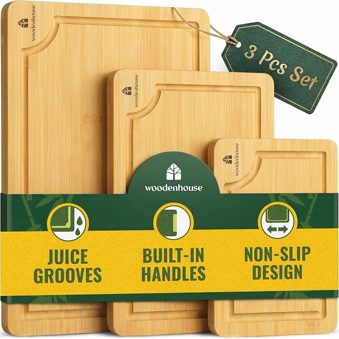 Bamboo Cutting Boards for Kitchen Set of 3, Deep Juice Grooves & Handles | Thick and durable in three sizes, 15" 12" 9"; large surface, easy to wash; great for meat, veggies and fruit