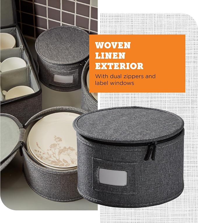 storageLAB 5-Piece Premium China Storage Set | Plates & Mugs | Gray | Full china set for 12 - 4 plate cases + mug case, flip-top lid. Hard shell, felt dividers, stackable, easy access.