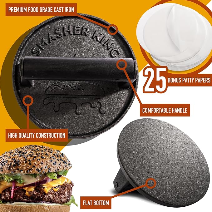 SMASHER KING™ - Premium Cast Iron Smash Burger Press incl. 25 pcs of Pat | ty Paper, Burger Smasher for Griddle with Black Wood Handle, Perfect Hamburger Press