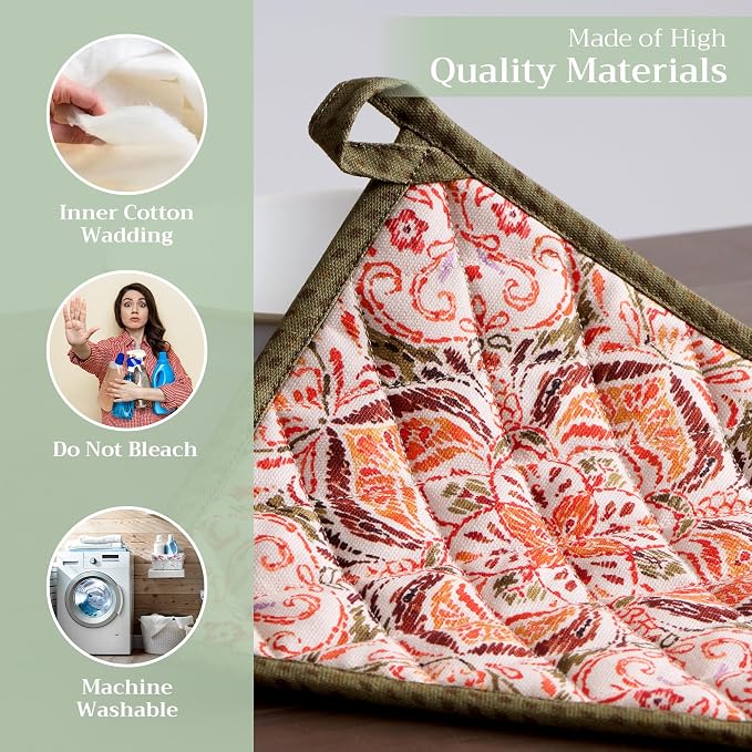 Maison d' Hermine Pot Holders 100% Cotton Potholders (8" x 8", Pack of 2) | Heat Resistant Hot Pads with Loop BBQ Cooking Baking Hotel Kitchen Handling Hot Pans Thanksgiving Christmas - Damask