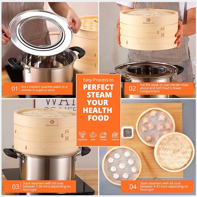 KITCHENCRUST Bamboo Steamer Basket for Chinese Asian Cuisine - 2 Tier 10-Inch Steaming Basket Bun Vegetable Steam, Dumpling Steamer bamboo steam basket, Sauce Dish, Chopsticks, Reusable Liners, Ring