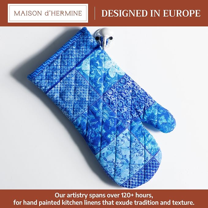 Maison d'Hermine Oven Gloves 100% Cotton Oven Mitt (7" x 13", Pack of 1) | With Loop Heat Resistant BBQ Cooking Gloves Baking Grilling Kitchen Handling Hot Pans Spring Summer - Indigo Love