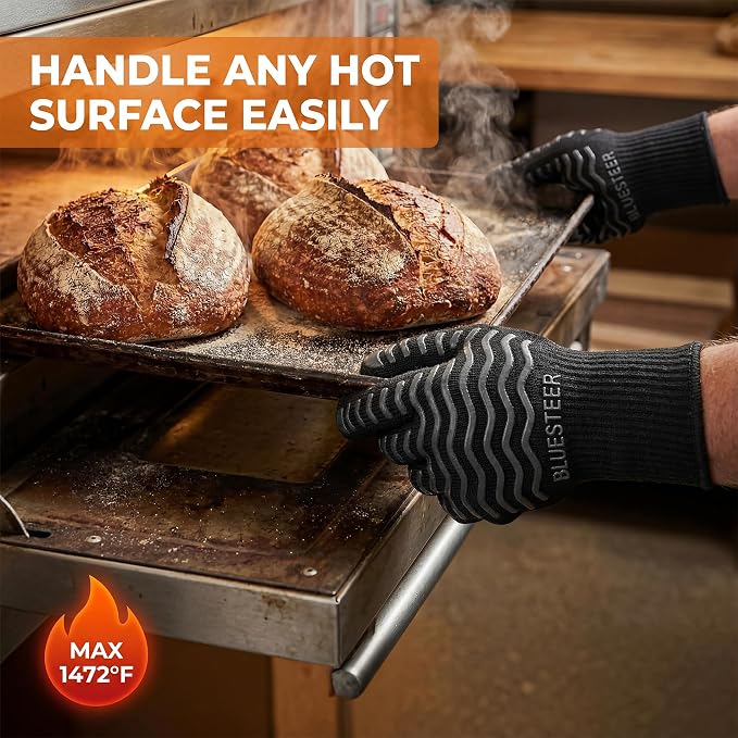 BBQ Gloves 1472°F Heat Resistant Oven Gloves with Fingers Heat Proof Grill Gloves Non-Slip Silicone Oven Mitts for Kitchen Cooking Grilling Baking Smoking Black