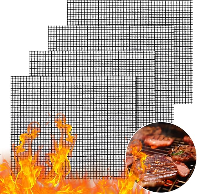 GWHOLE Non-Stick BBQ Grill Mesh Mat Set of 4, Reusable BBQ Grill Accessories Grilling Mesh Sheet for Outdoor Grill Cooking Baking Barbecue, 15.7" x13"