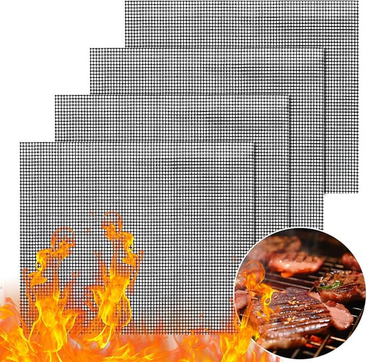 GWHOLE Non-Stick BBQ Grill Mesh Mat Set of 4, Reusable BBQ Grill Accessories Grilling Mesh Sheet for Outdoor Grill Cooking Baking Barbecue, 15.7" x13"